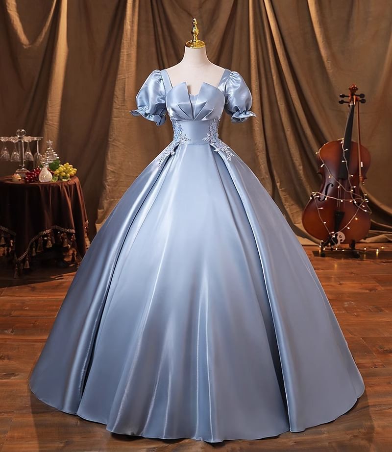 Short-Sleeve Square Neck Plain Embroidered Evening Ball Gown