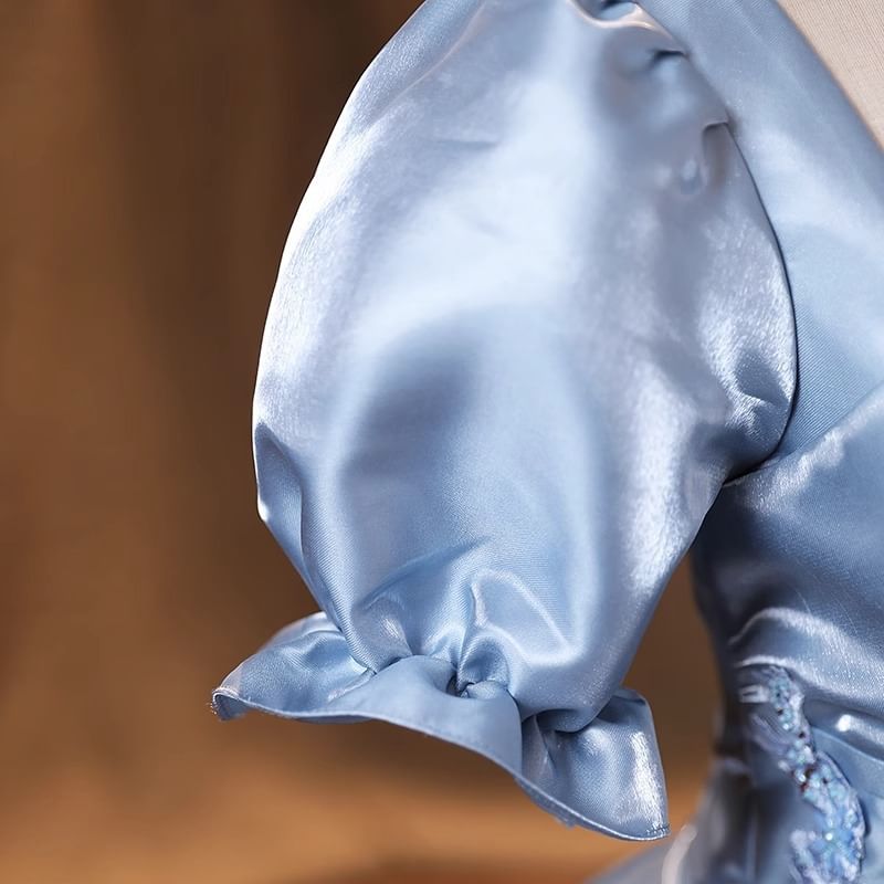 Short-Sleeve Square Neck Plain Embroidered Evening Ball Gown