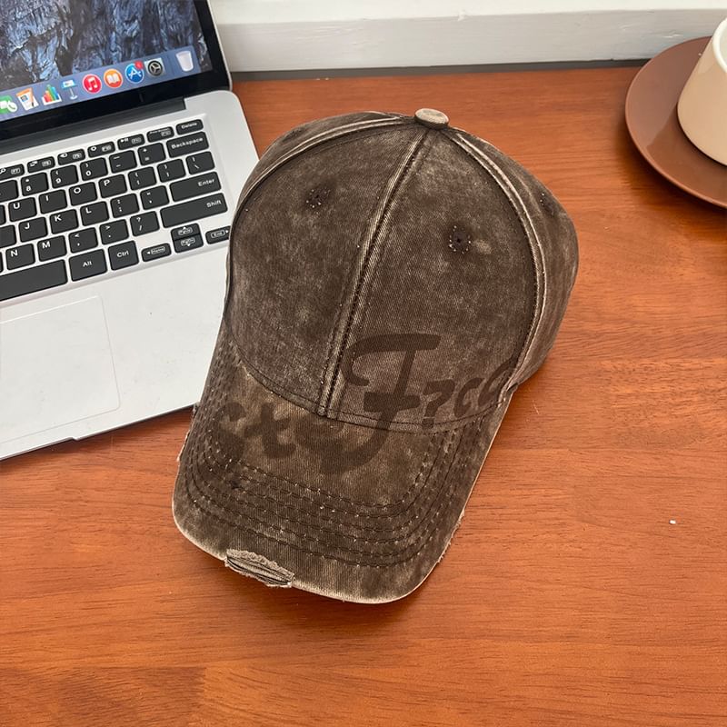 Distressed Washed Lettering Baseball Print Cap