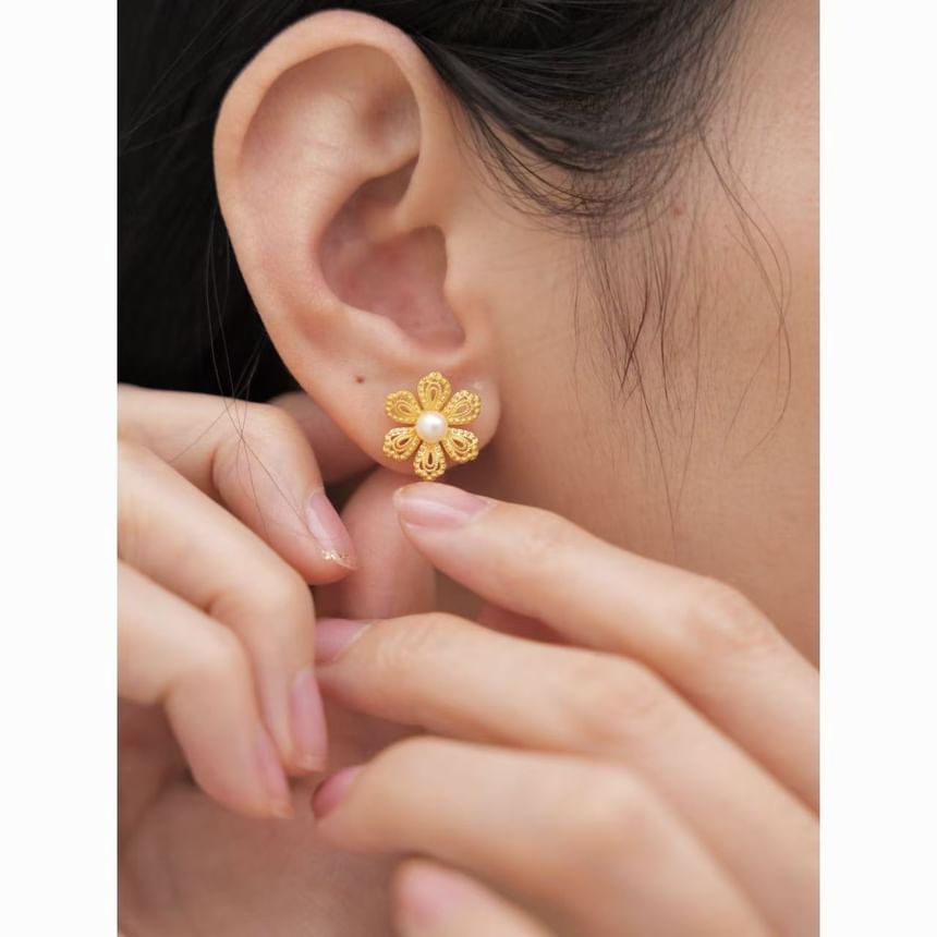 Alloy Faux Pearl Floral Earring Stud