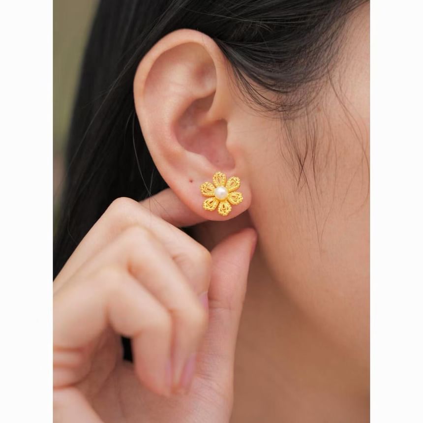Alloy Faux Pearl Floral Earring Stud