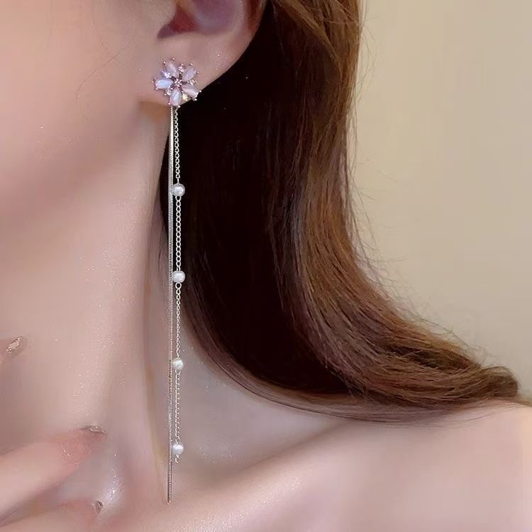 Faux Threader Gemstone Pearl Earring Alloy Floral