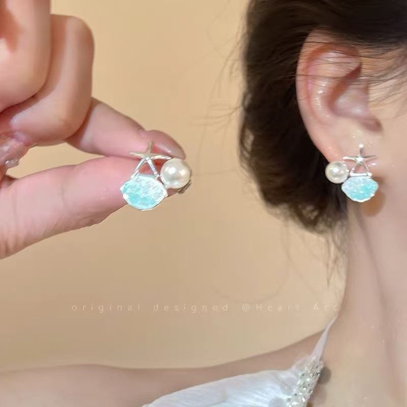 Faux Earring Rhinestone Pearl Starfish Stud Alloy