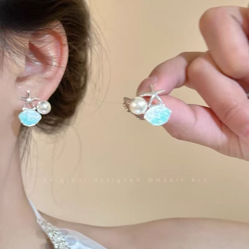 Faux Earring Rhinestone Pearl Starfish Stud Alloy