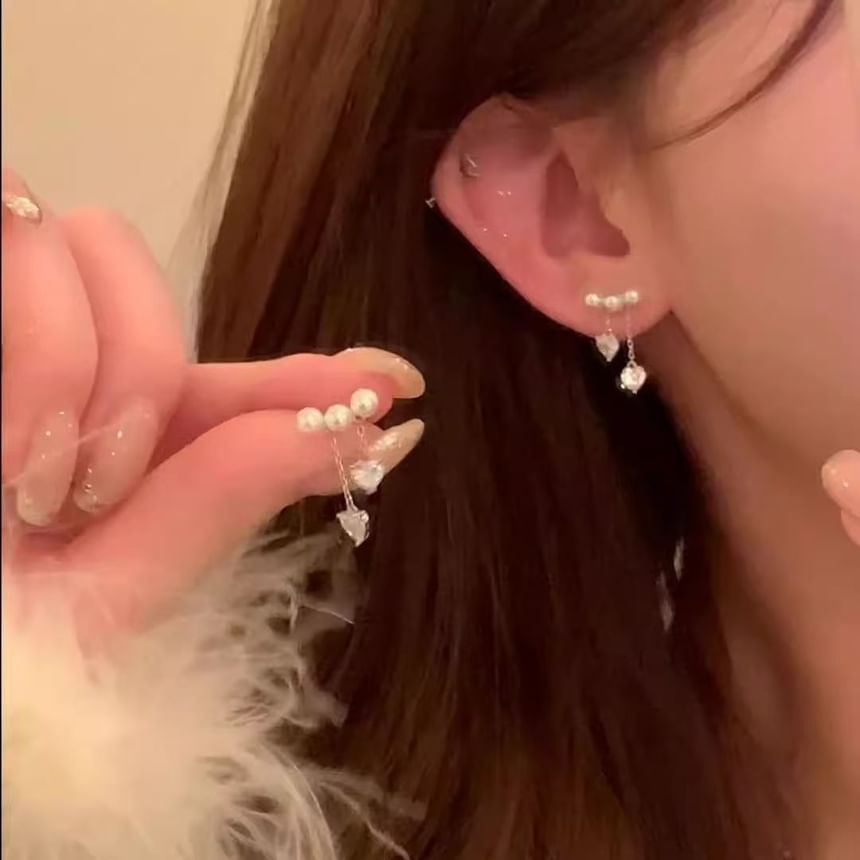 Pearl Heart Dangle Faux Alloy Earring Rhinestone