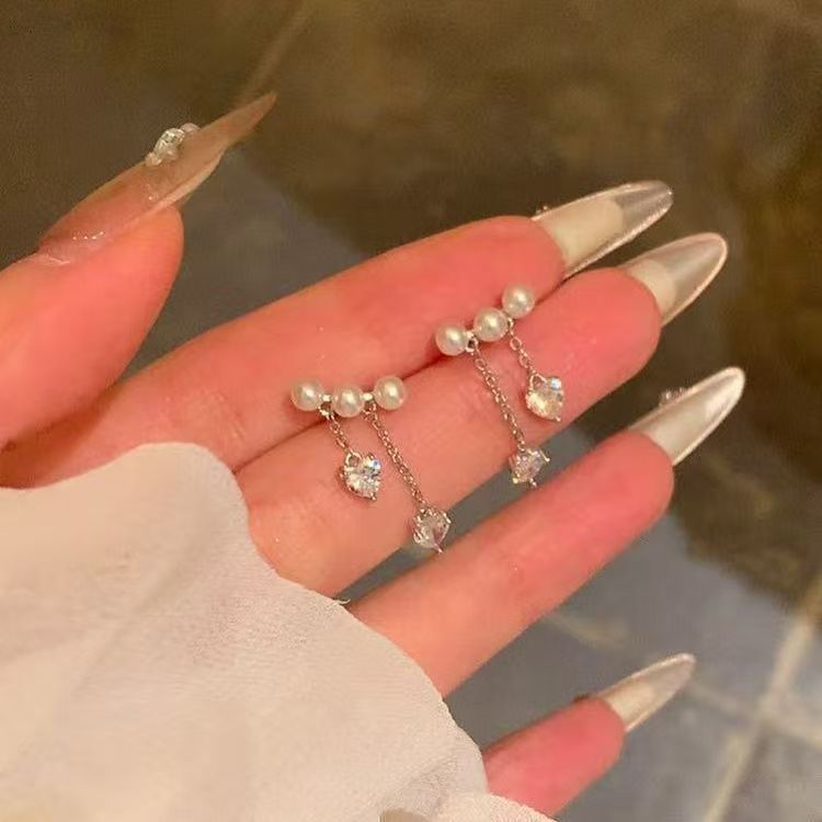 Pearl Heart Dangle Faux Alloy Earring Rhinestone