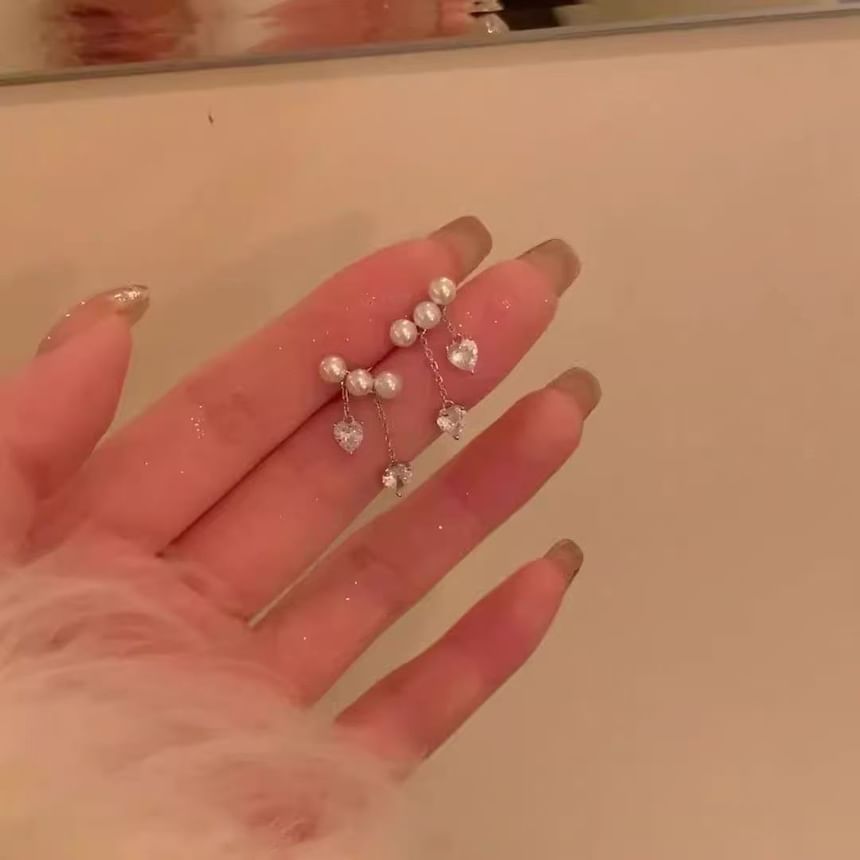 Pearl Heart Dangle Faux Alloy Earring Rhinestone