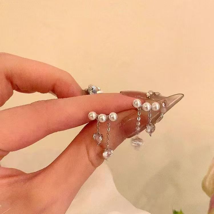Pearl Heart Dangle Faux Alloy Earring Rhinestone