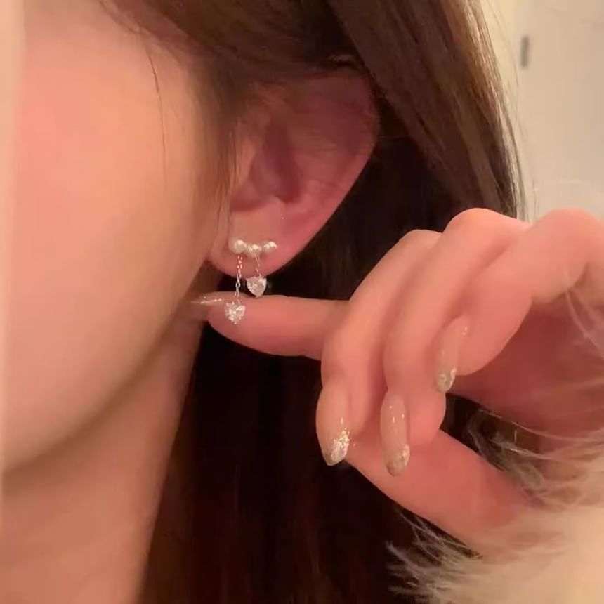 Pearl Heart Dangle Faux Alloy Earring Rhinestone
