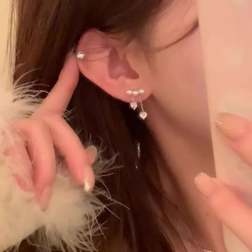 Pearl Heart Dangle Faux Alloy Earring Rhinestone