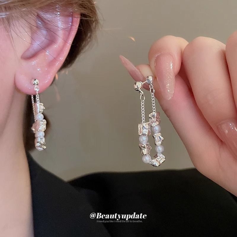 Hoop Faux Chain Earring Alloy Pearl Dangle