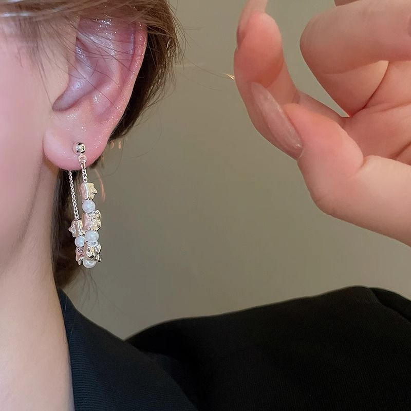 Hoop Faux Chain Earring Alloy Pearl Dangle