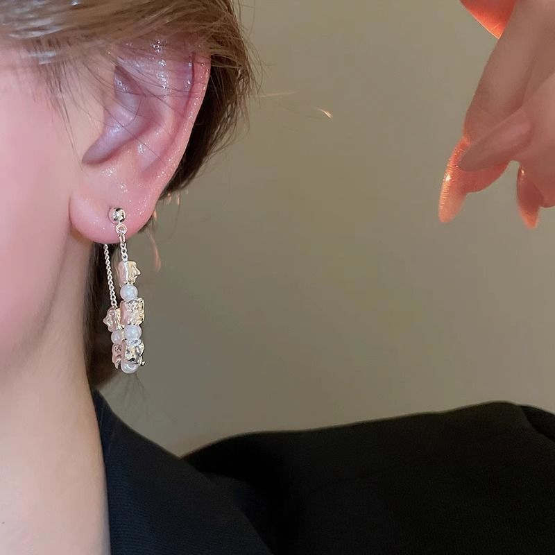 Hoop Faux Chain Earring Alloy Pearl Dangle