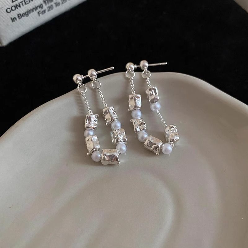 Hoop Faux Chain Earring Alloy Pearl Dangle