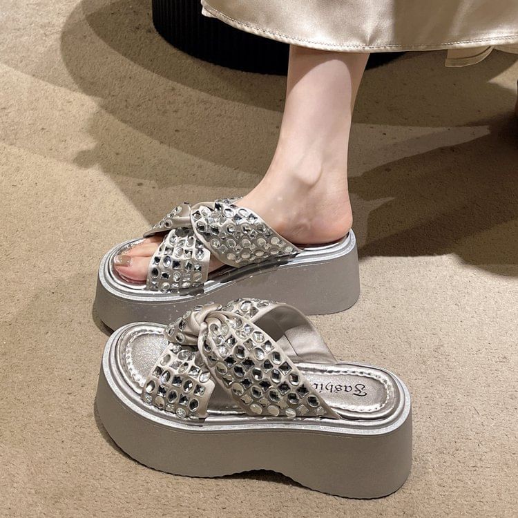 Rhinestone Strap Platform Cross Sandals