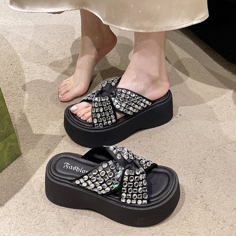 Rhinestone Strap Platform Cross Sandals