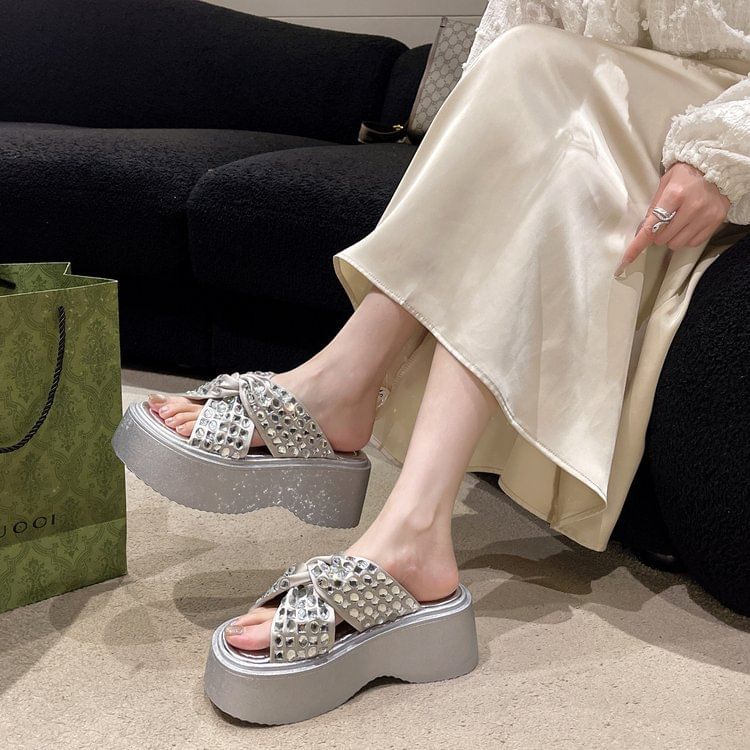 Rhinestone Strap Platform Cross Sandals