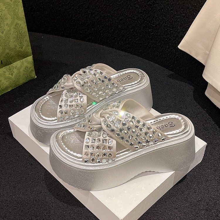 Rhinestone Strap Platform Cross Sandals
