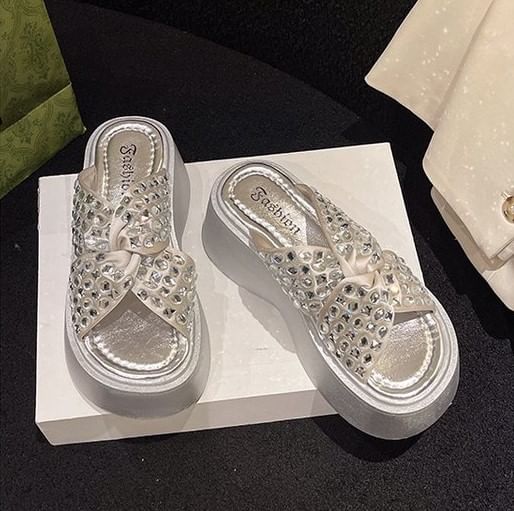 Rhinestone Strap Platform Cross Sandals