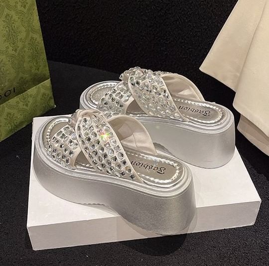 Rhinestone Strap Platform Cross Sandals