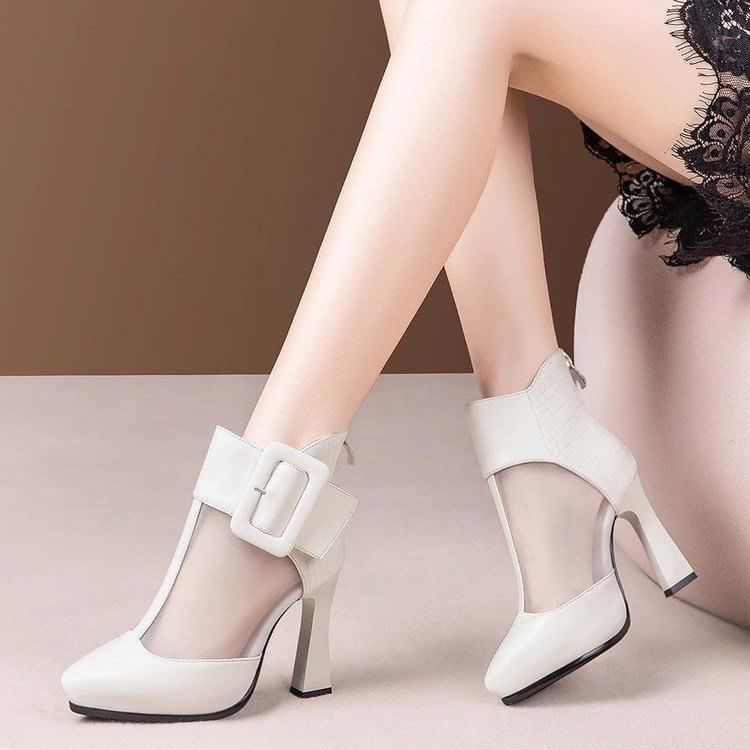 Mesh Buckled Boots Toe Pointed Platform Panel Short
