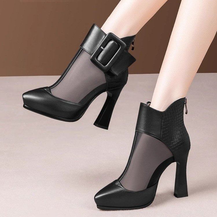 Mesh Buckled Boots Toe Pointed Platform Panel Short