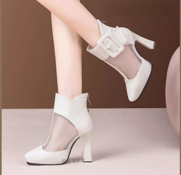 Mesh Buckled Boots Toe Pointed Platform Panel Short
