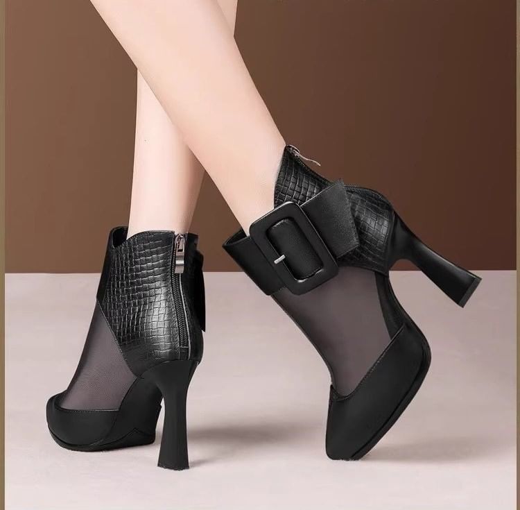 Mesh Buckled Boots Toe Pointed Platform Panel Short