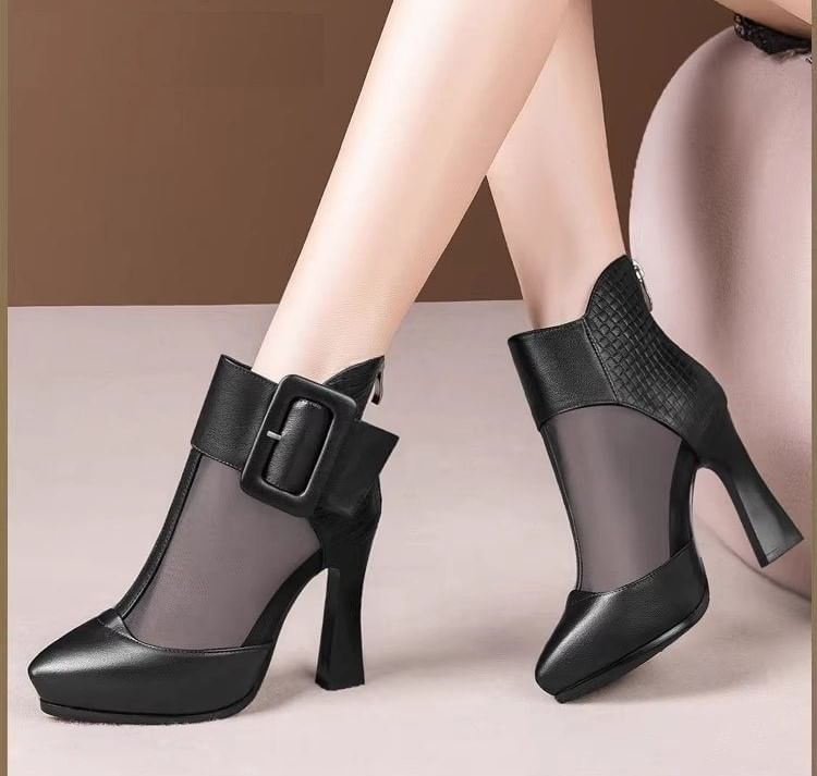 Mesh Buckled Boots Toe Pointed Platform Panel Short