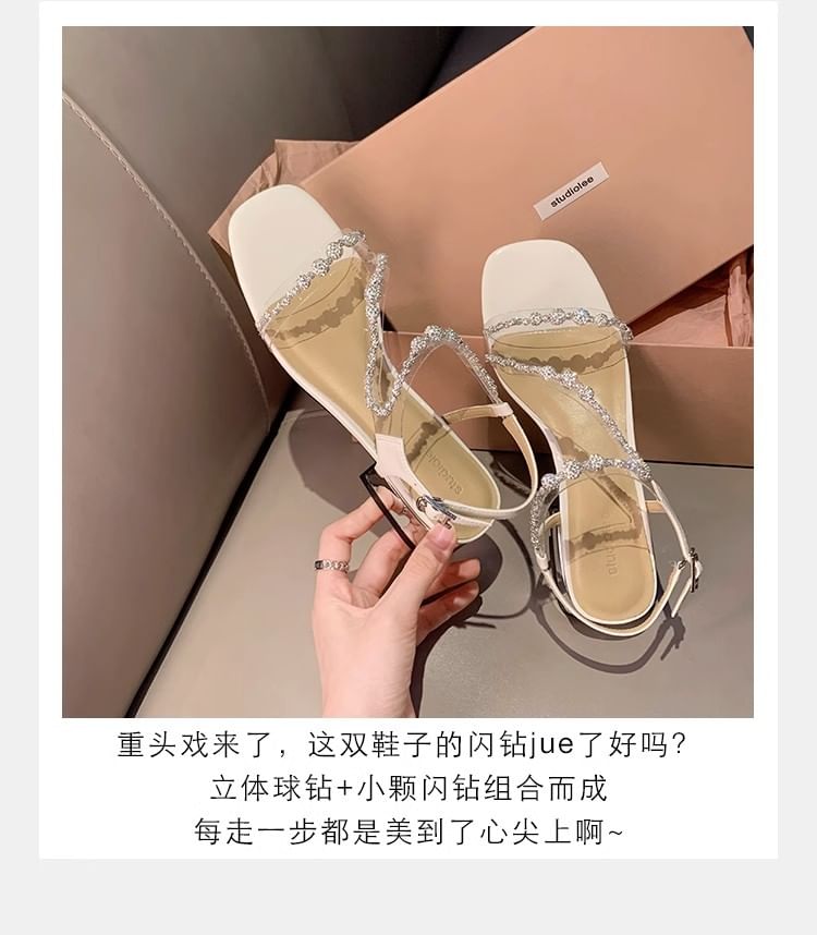 Strappy Sandals Heel Chunky Rhinestone