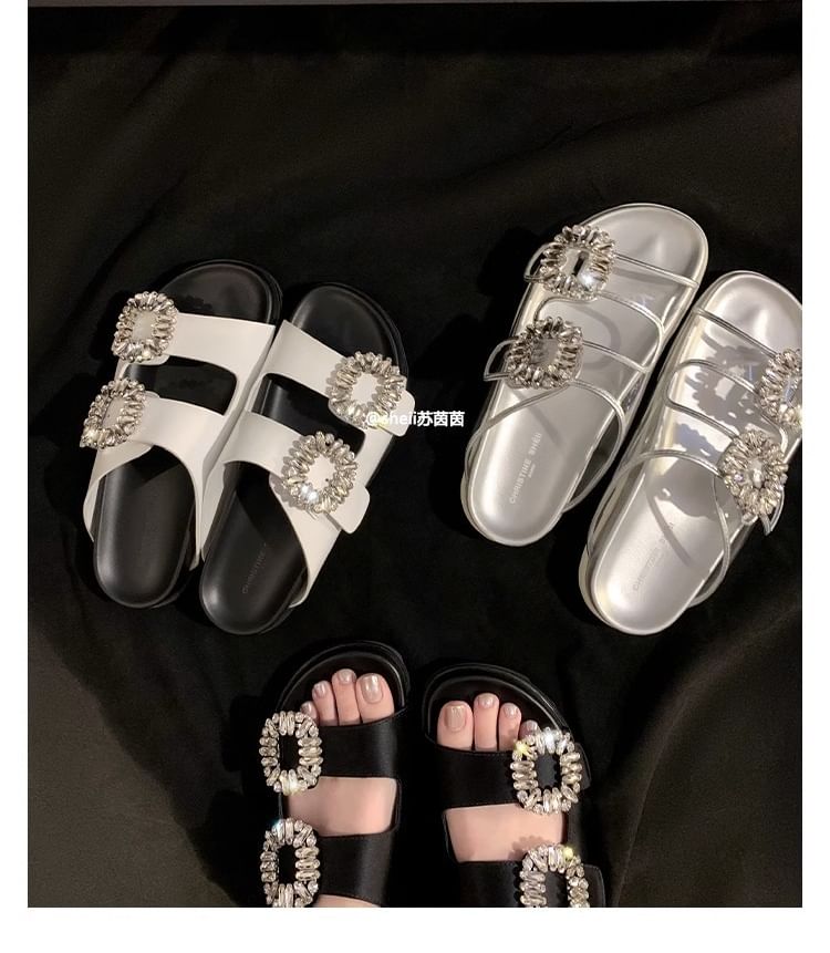 Slide Sandals Rhinestone Buckled