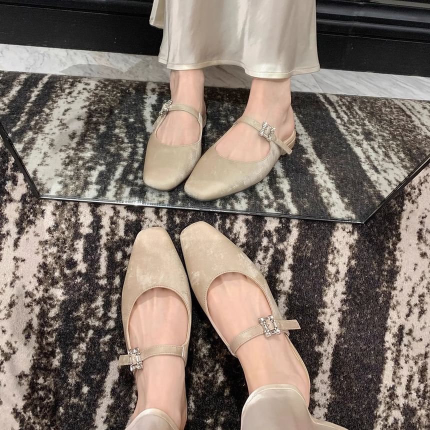 Toe Mules Rhinestone Chunky Heel Square