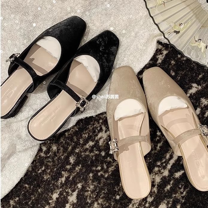Toe Mules Rhinestone Chunky Heel Square