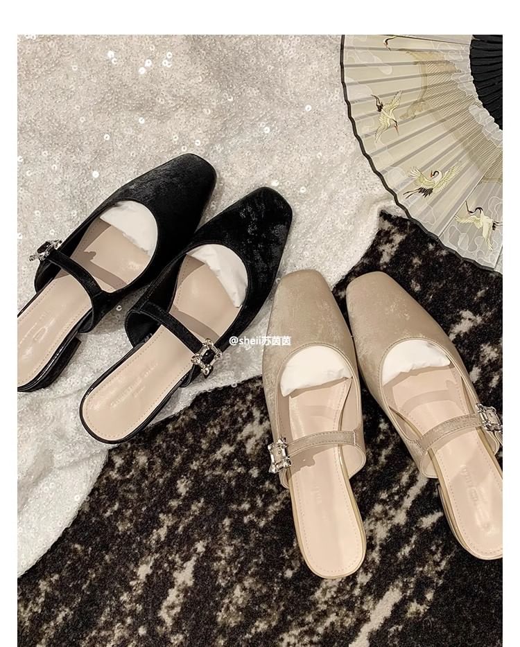 Toe Mules Rhinestone Chunky Heel Square