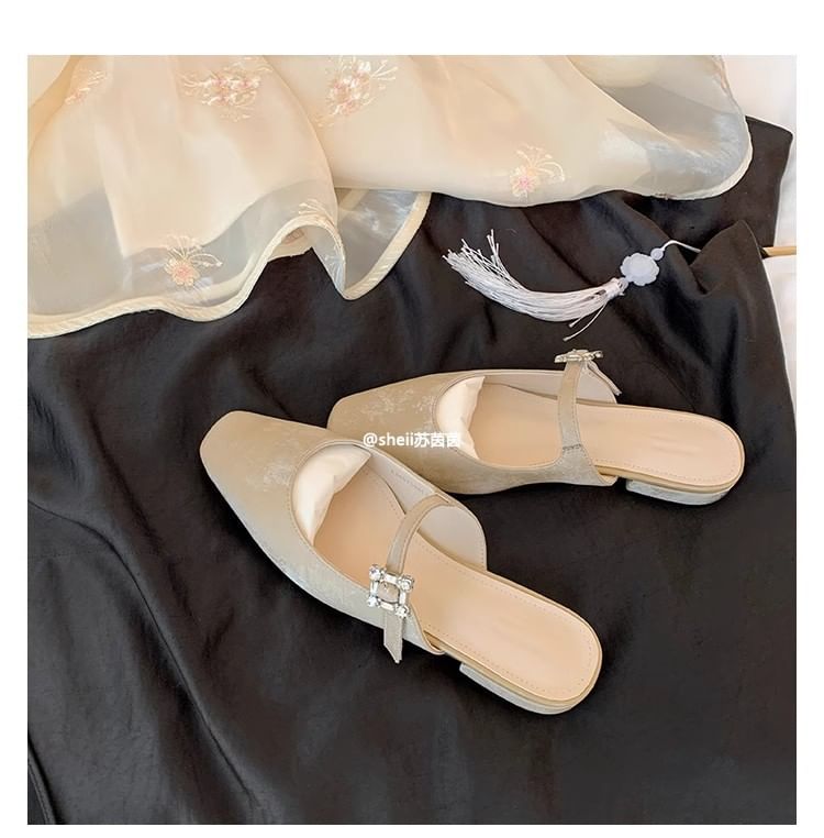 Toe Mules Rhinestone Chunky Heel Square