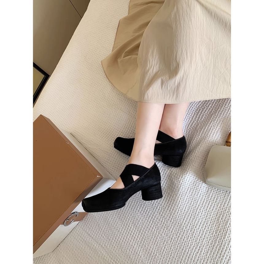 Strap Pumps Jane Heel Square Mary Toe Chunky Cross