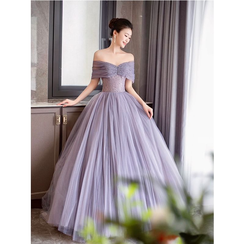 Short Sleeve Off Shoulder Plain Ruched Mesh Panel Lace A-Line Evening Gown