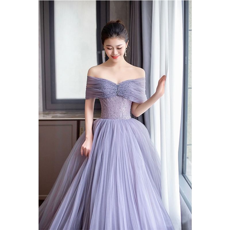 Short Sleeve Off Shoulder Plain Ruched Mesh Panel Lace A-Line Evening Gown