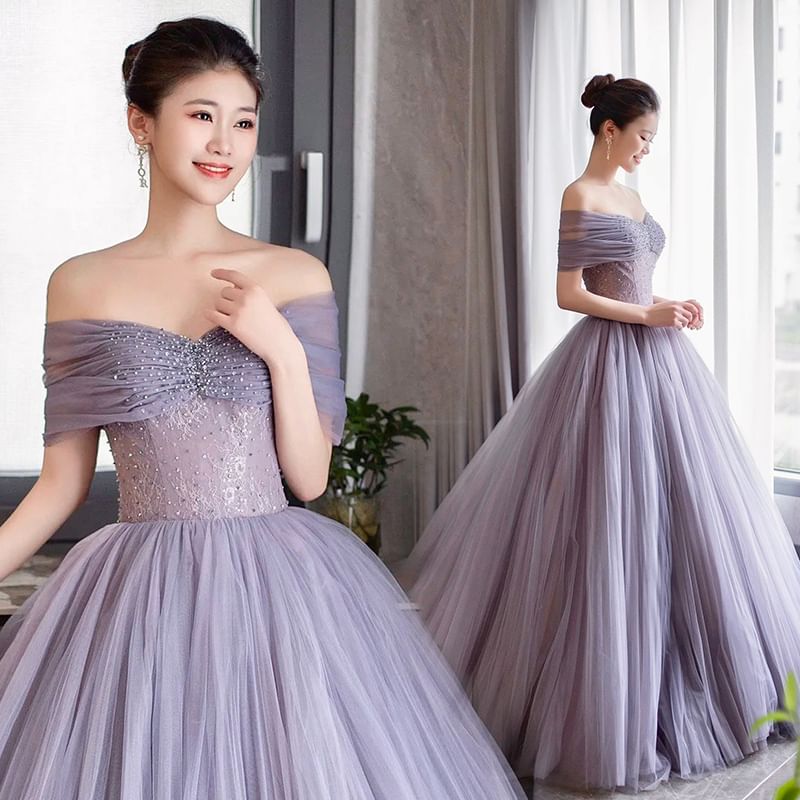 Short Sleeve Off Shoulder Plain Ruched Mesh Panel Lace A-Line Evening Gown