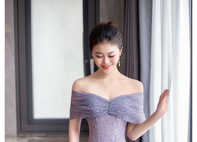 Short Sleeve Off Shoulder Plain Ruched Mesh Panel Lace A-Line Evening Gown