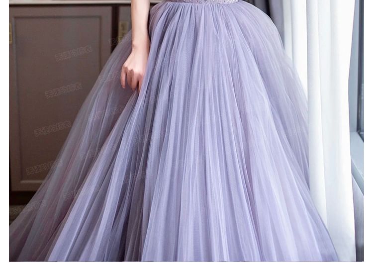 Short Sleeve Off Shoulder Plain Ruched Mesh Panel Lace A-Line Evening Gown