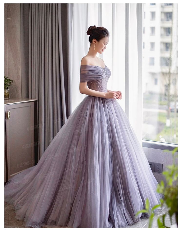 Short Sleeve Off Shoulder Plain Ruched Mesh Panel Lace A-Line Evening Gown