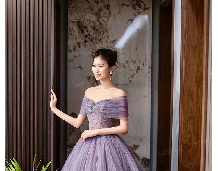 Short Sleeve Off Shoulder Plain Ruched Mesh Panel Lace A-Line Evening Gown