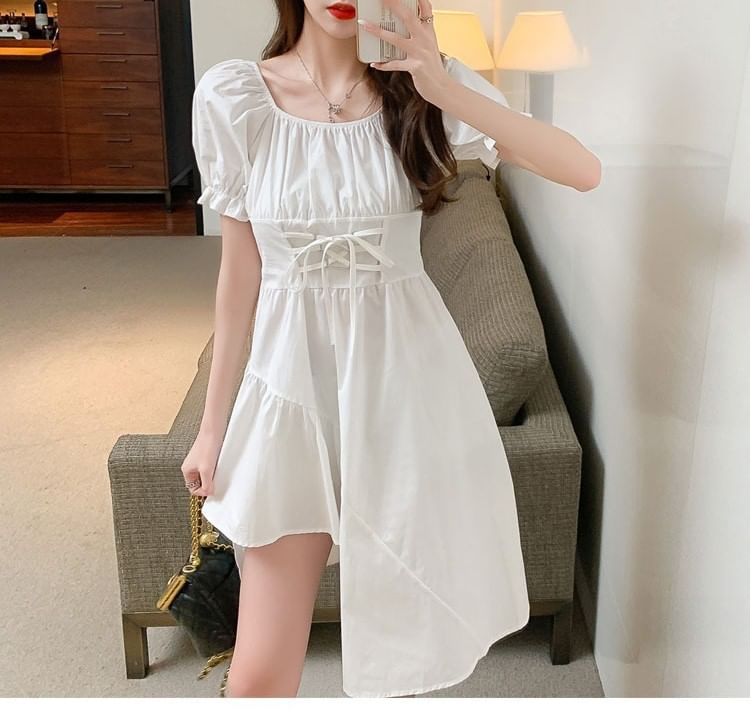 Short-Sleeve A-Line Square Plain Asymmetrical Neck Dress