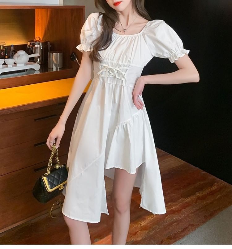 Short-Sleeve A-Line Square Plain Asymmetrical Neck Dress