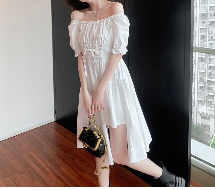 Short-Sleeve A-Line Square Plain Asymmetrical Neck Dress