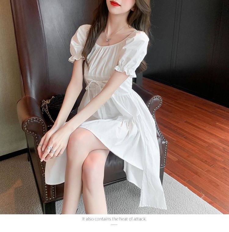 Short-Sleeve A-Line Square Plain Asymmetrical Neck Dress
