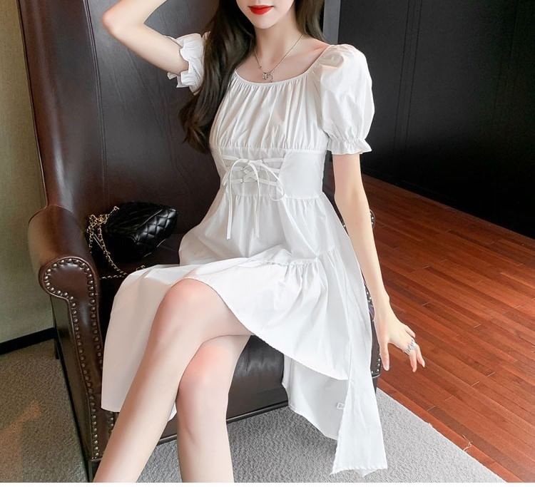 Short-Sleeve A-Line Square Plain Asymmetrical Neck Dress