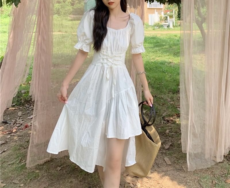 Short-Sleeve A-Line Square Plain Asymmetrical Neck Dress