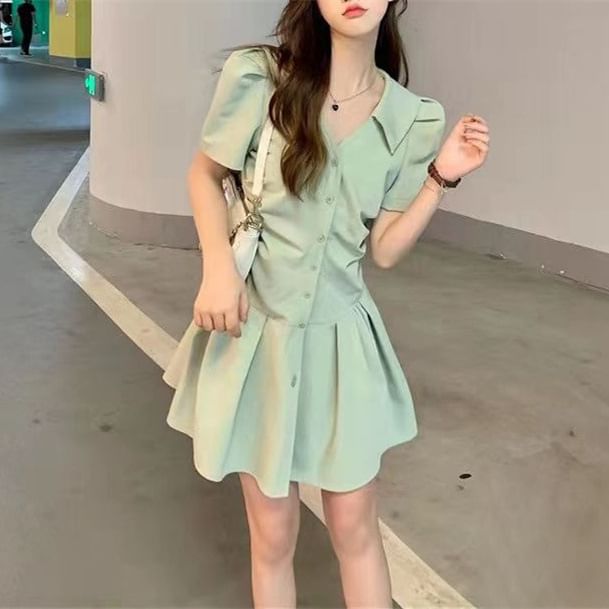 Button-Up V-Neck Dress Short-Sleeve Plain A-Line Mini